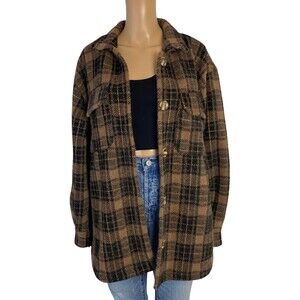 Z Supply Shacket Flannel Trucker Jacket Plaid Tan Black Size Large